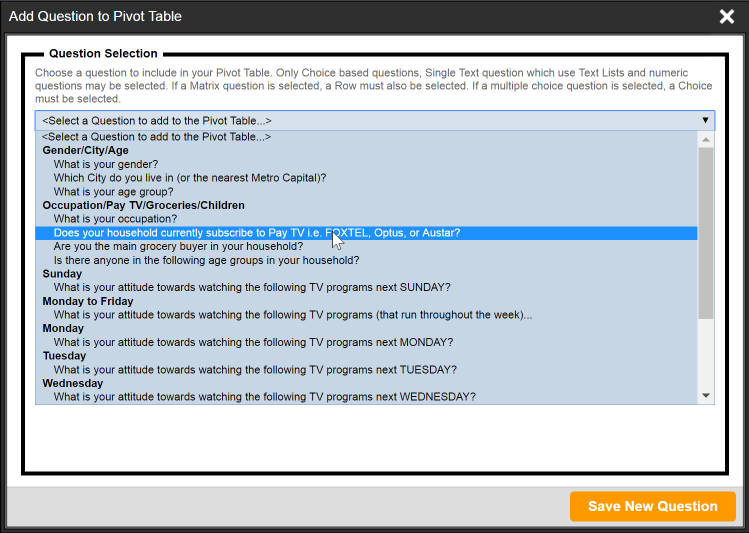 Add questions to your Pivot Table