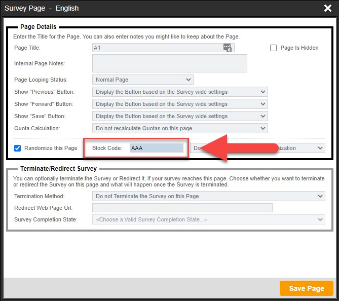 Randomises Survey Pages Block Code