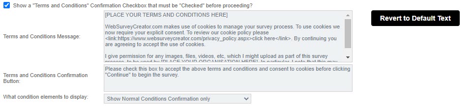 Survey Introduction Terms and Conditions Settings